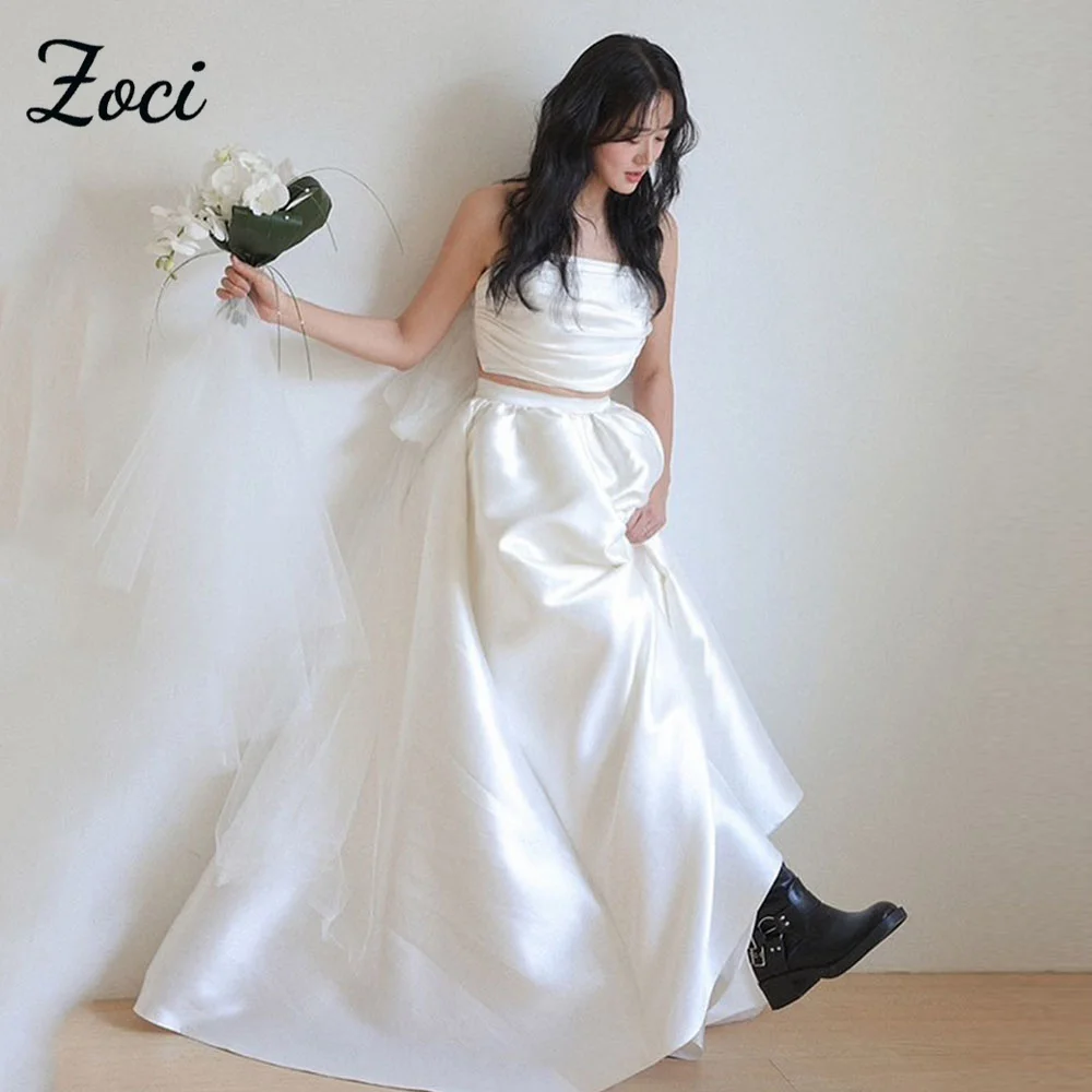 Zoci 2 Pcs Strapless Top Korea Wedding Dresses Pleats Satin Bride Photos Shoot Party Dress Customized Corset Long Bridal Gown