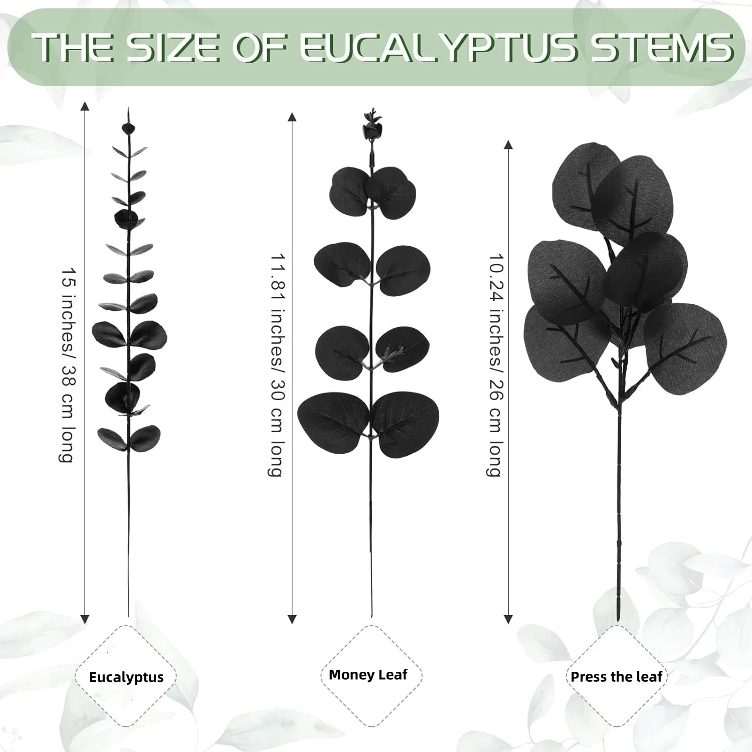 10/20/30 Stück schwarzer Eukalyptus künstliche Blätter Blumenstrauß Garten Halloween Dekorationen im Freien für Heimdekoration gefälschte Pflanzenverzierung – Detail 1