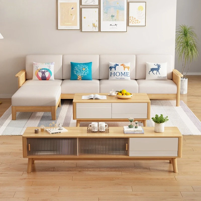 Solid wood sofa combination living room four-seater chaise corner sofa rubber wood full solid wood frame sofa