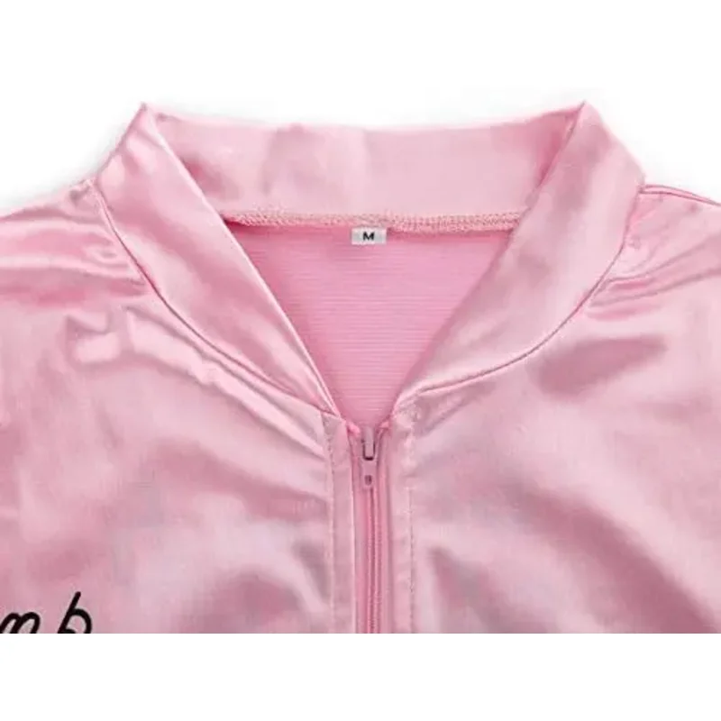 Womens 1950s Pink Ladies Satin Grease Jacket with Neck Scarfs Halloween Cosplay Costume Fancy Dress 50s Poodle Modern Coat Suit