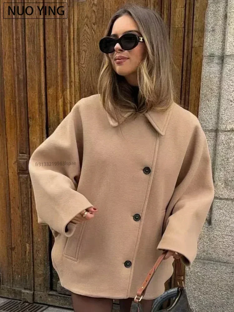سترة صوفية عصرية للنساء لربيع 2025 معاطف نسائية بأكمام طويلة واحدة الصدر أنيقة كبيرة الحجم ملابس خارجية أنيقة للشارع