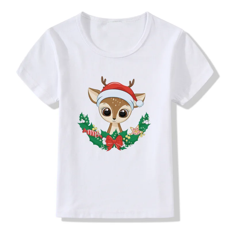 Children's Christmas T-shirt New Cartoon Animal Penguin Sika Deer Print T-shirt Short Sleeve Shirt Kids Clothes