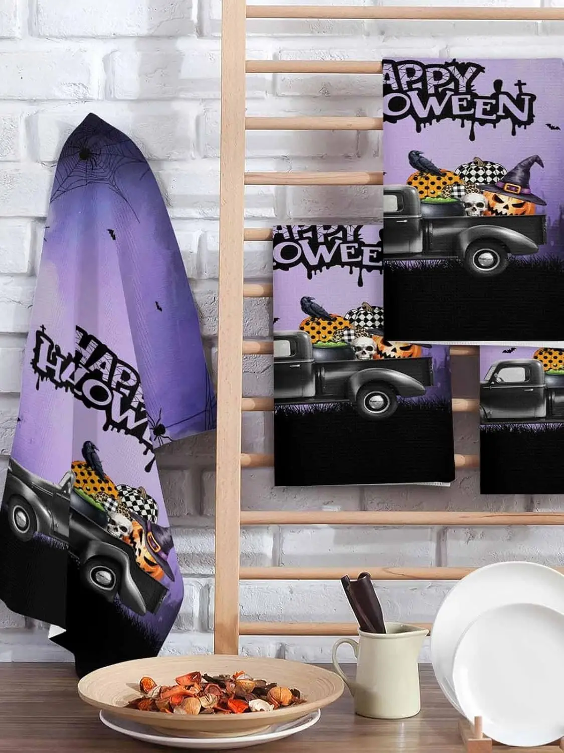 Halloween Black Truck Haunted CastlePumpkin Ghost Face Bat Cleaning Supplies Quick DryingHand Towels Set Home Decorations