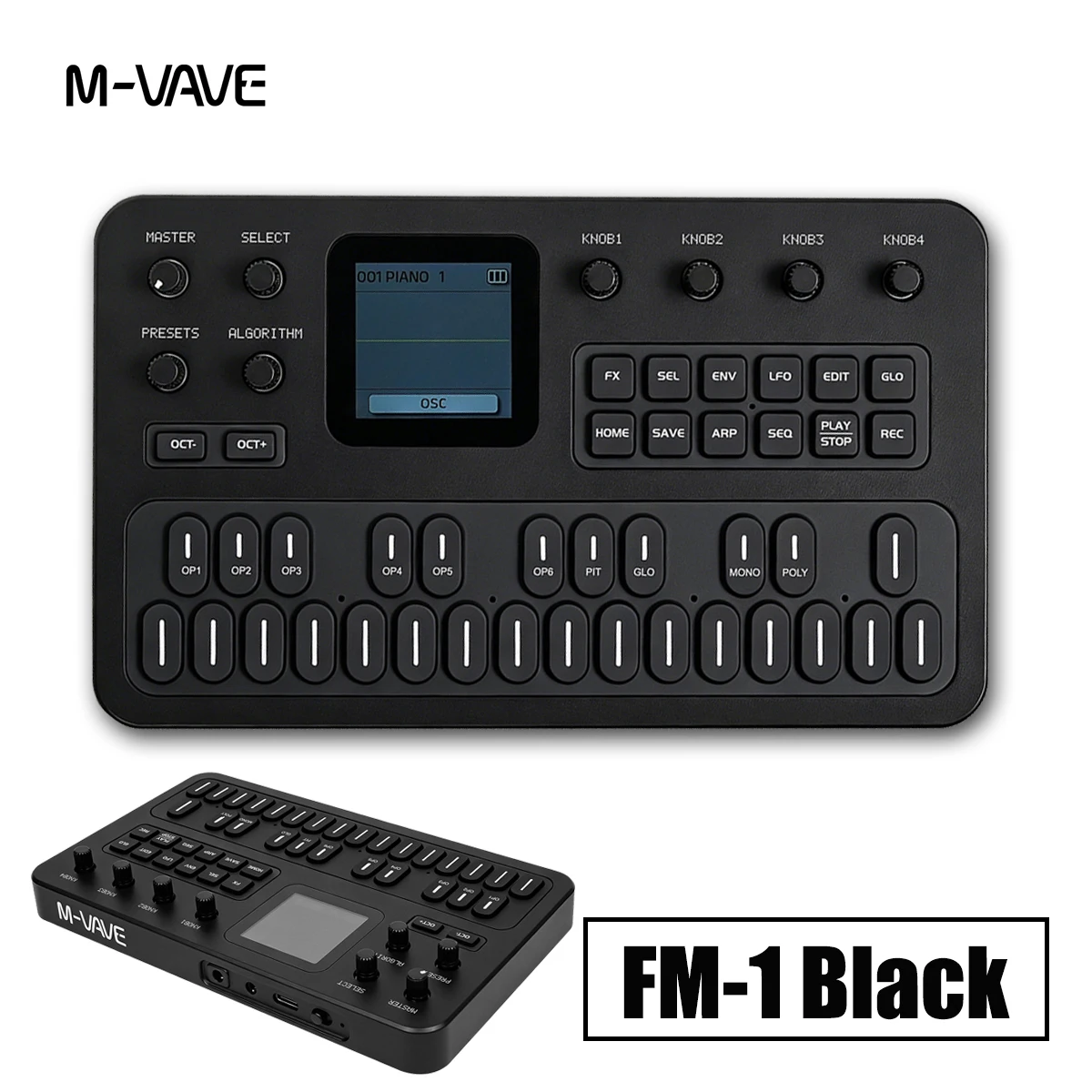 M-VAVE FM-1(SK15) Black Mini FM Synthesizer – 27 Keys, 3-Channel MIDI (USB/Bluetooth/3.5mm), 12h Battery, TFT Display, Portable