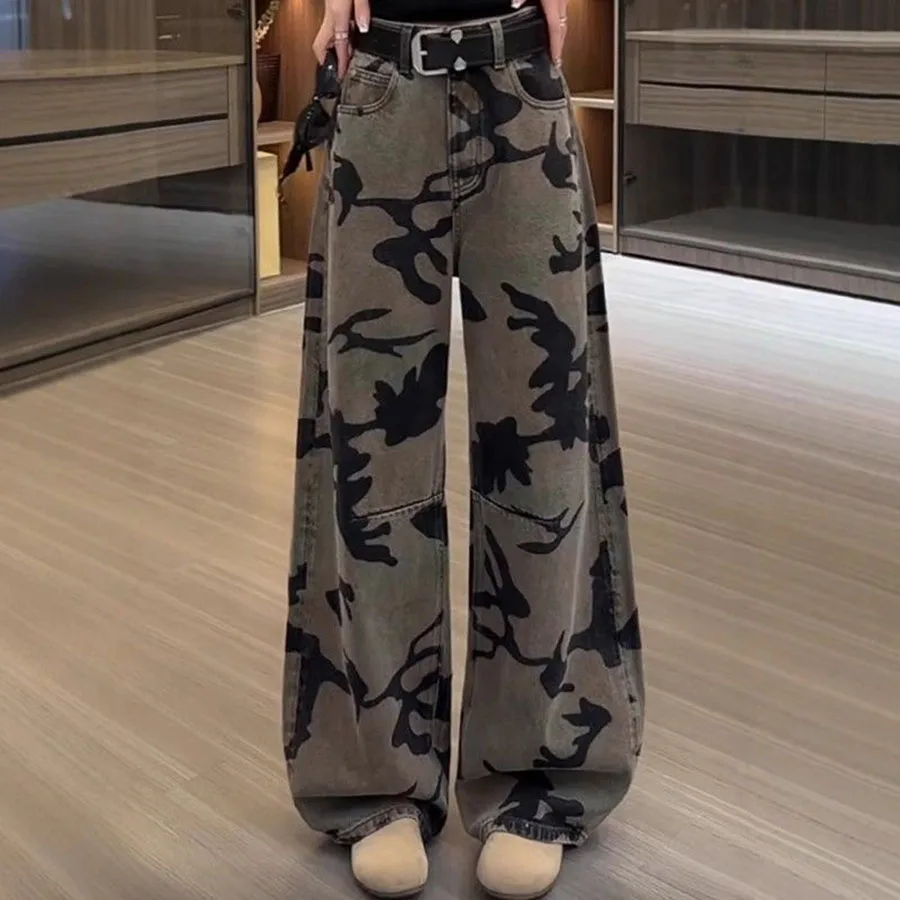 2026 ربيع الخريف موضة عالية الخصر التمويه الجينز بنطال ذو قصة أرجل واسعة النساء تصميم فضفاض مستقيم الساق كاوبوي السيدات بنطلون #1