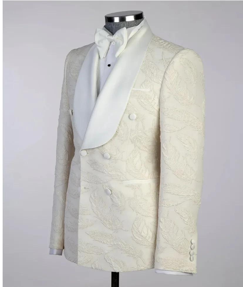 Modern Men's Suit Tailored Blazers 2 Piece Set Shawl Lapel Jacquard Groom Jacket For Man Double Breasted Special Design Prom