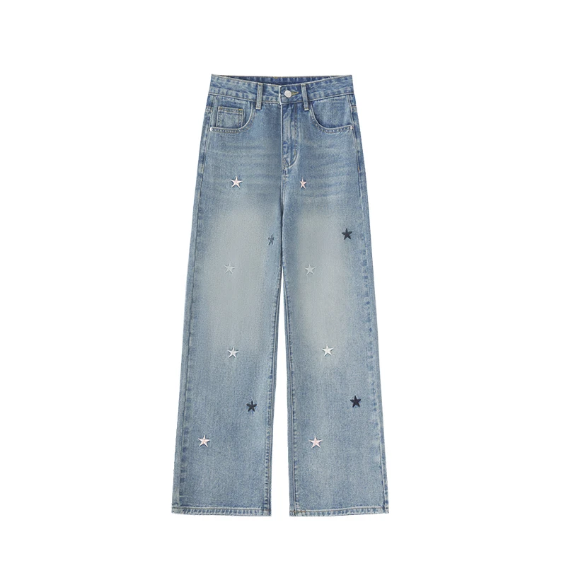 

Chic Light Blue Stars Embroidered Straight Leg Jeans Women High Waist Loose Wide Leg Denim Pants Spring Casual Trousers
