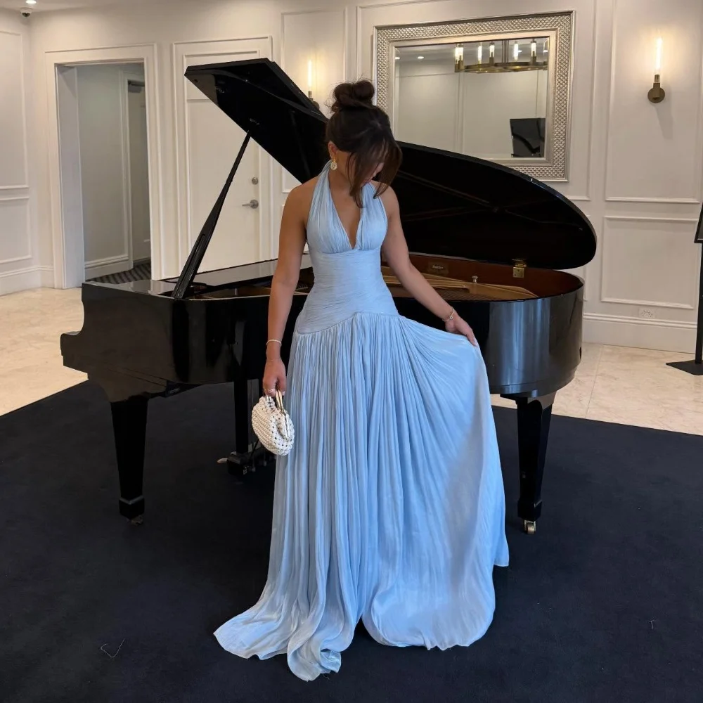 

Customized Sexy Fashion Chiffon Pleat Ruched Draped Blue A-line V-neck Floor-Length for Woman Evening Dresses