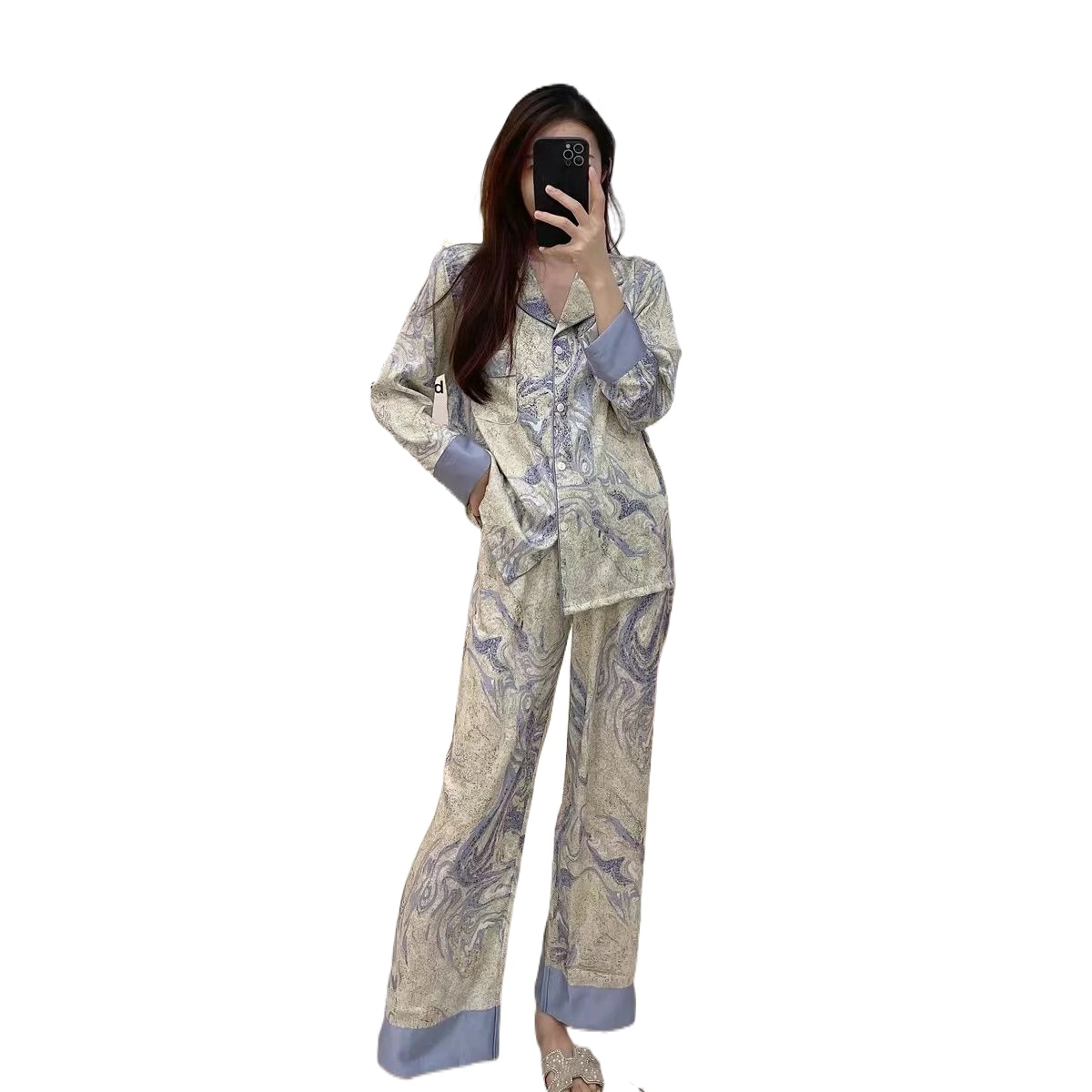 Damen Pyjama Satin Seide Pyjama Langarm Luxus Pyjama Freizeit Nachtwäsche Lounge wear Frauen Turn-Down-Kragen