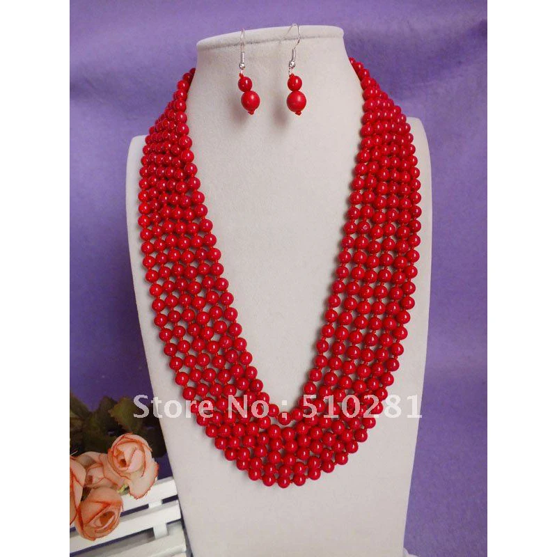 

7MM Fashion Luxury Handmake 20inch red color coral jewelry set