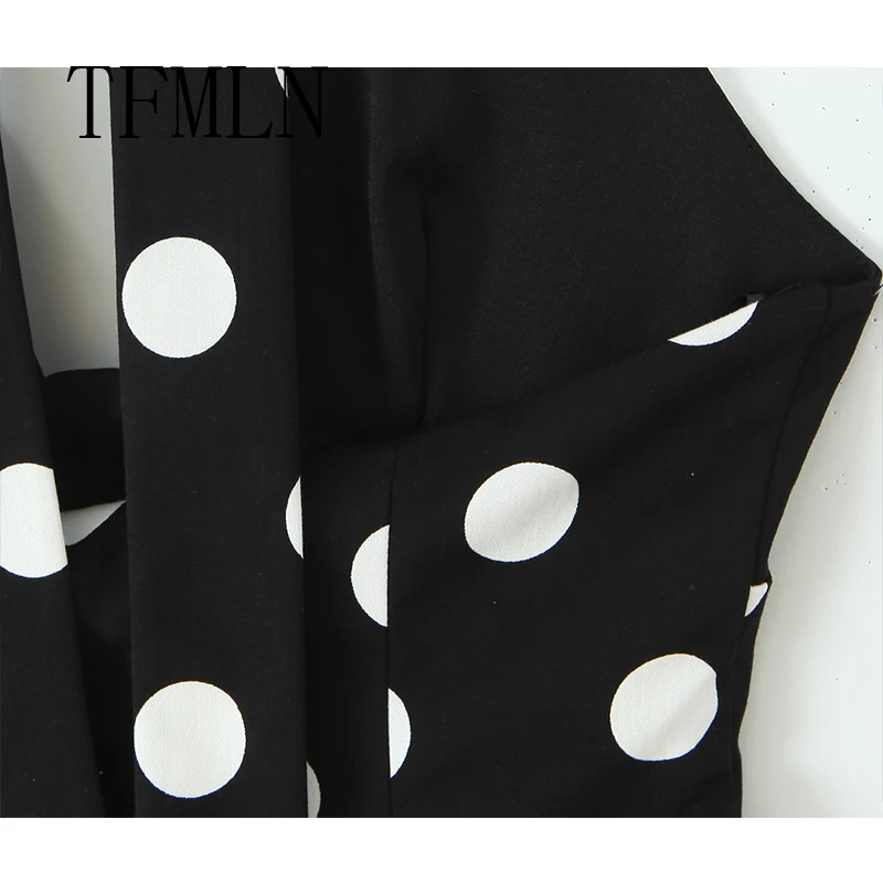 TFMLN فستان نسائي جديد بفيونكة هالتر فستان نسائي أنيق كبير منقط بدون أكمام فستان مثير قصير عالي الشارع