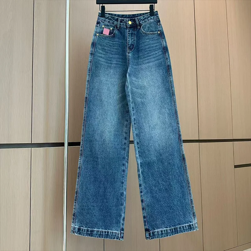 고품질 캐주얼 루즈핏 여성 청바지, 스트레이트 레그 레트로 워싱 컬러 팬츠 251001116