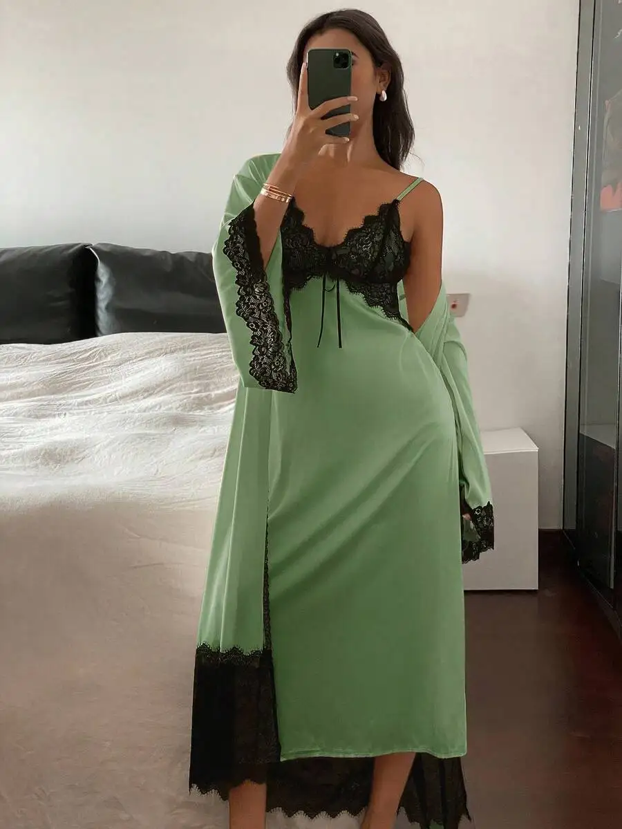 

Womens Green Lace Trim Robe And Slip Sleep Dress Set