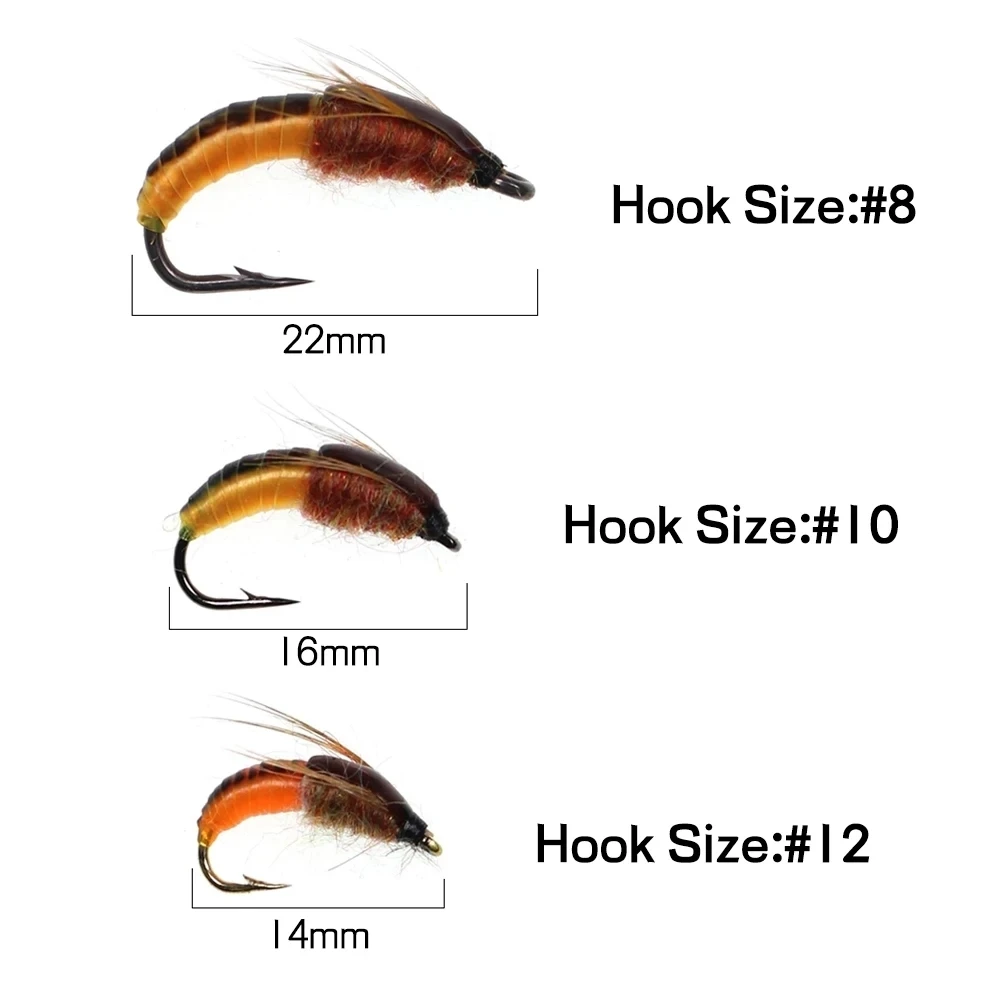 Bimoo 6PCS #8 #10 #12 Realistic Scud Fly Nymph Shrimps Fly Trout Fishing Fly Bait Artificial Insect Lure Green Orange White