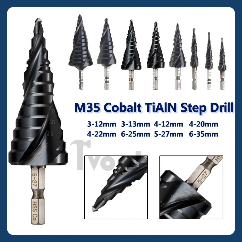 

HRC89 M35 Cobalt TiAlN Coated Step Drill Bit 1/4 Inch Hex Shank High Speed Steel Metal Drilling Hole Opener For Stainless Steel