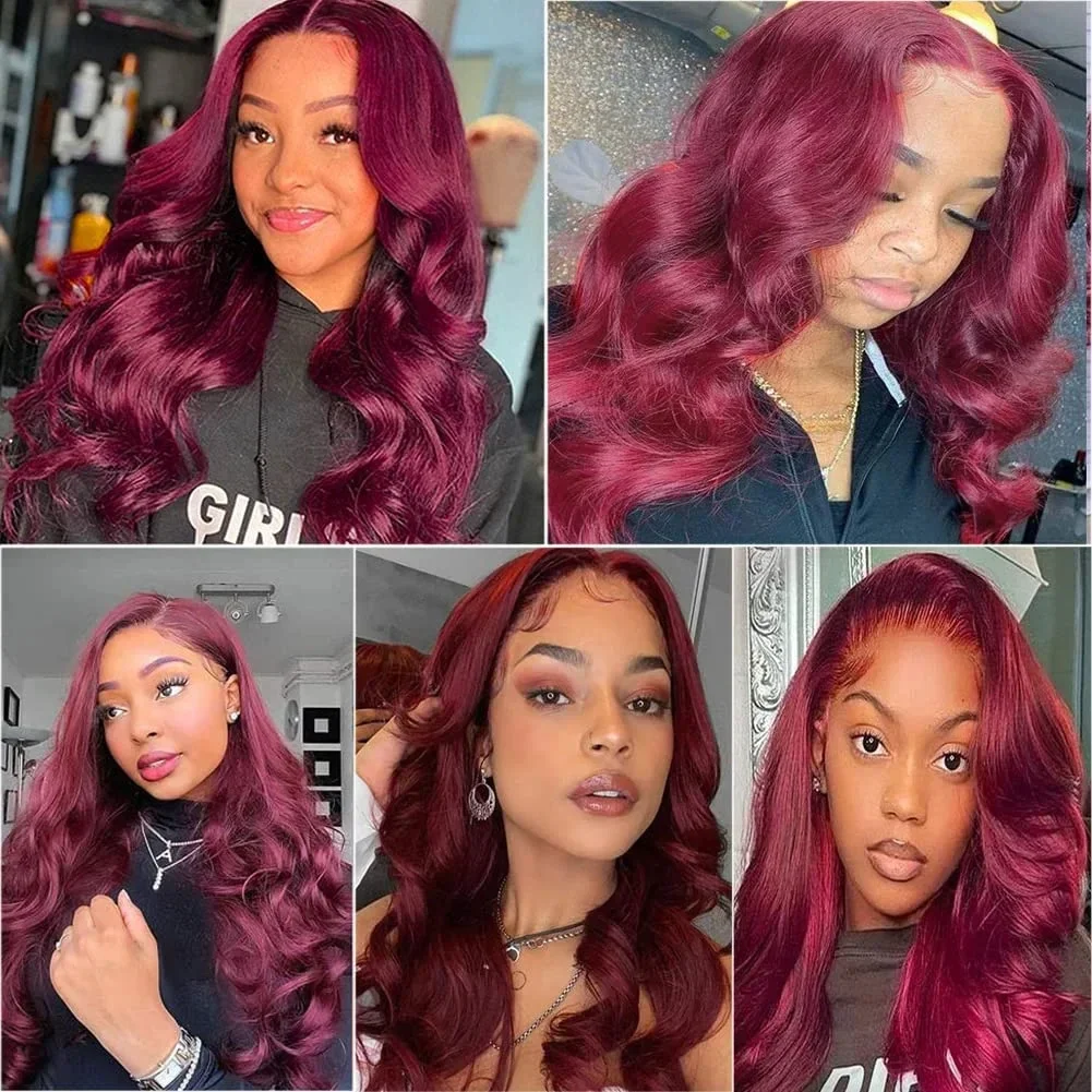 200 densidade 99j borgonha 13x4 13x6 hd onda do corpo frente do laço perucas de cabelo humano 30 36 polegadas vermelho colorido perucas frontais para mulher remy