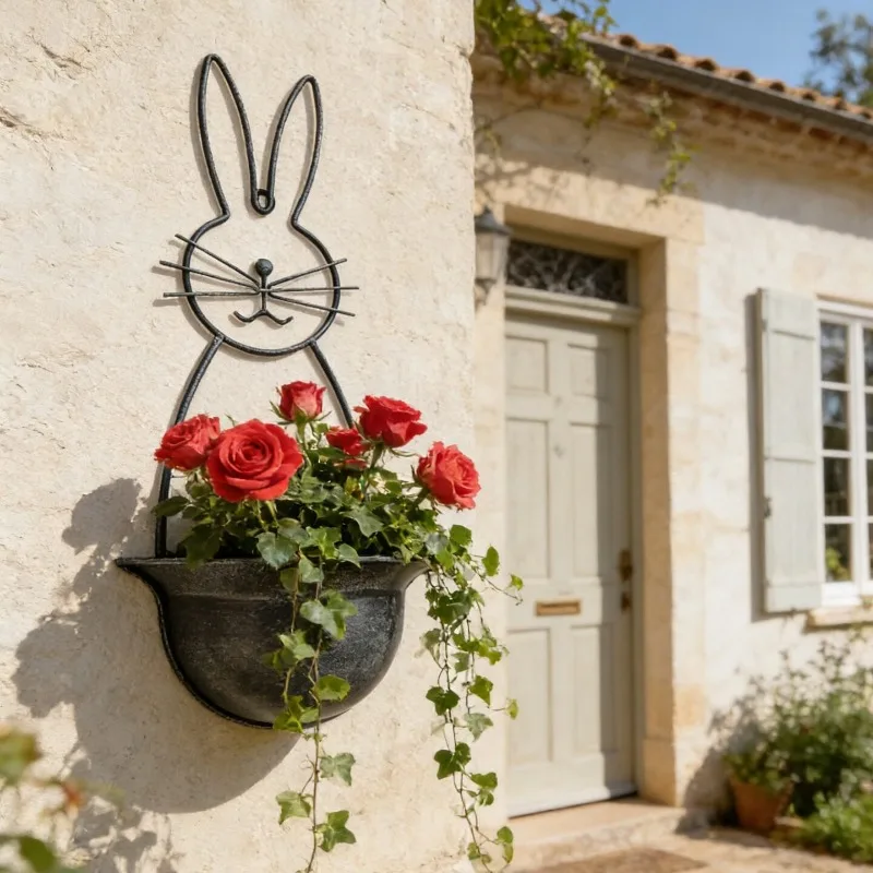 Nordic Rabbit Wrought Iron Wall Hanging Flower Pot Outdoor Courtyard Balcony Wall Hanging Plant Bonsai Pot Garden Decoration