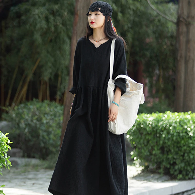 

Oversiezd Women Casual Dress New Arrival 2025 Spring Vintage Style V-neck Solid Color Female Cotton Linen Long Dresses M611