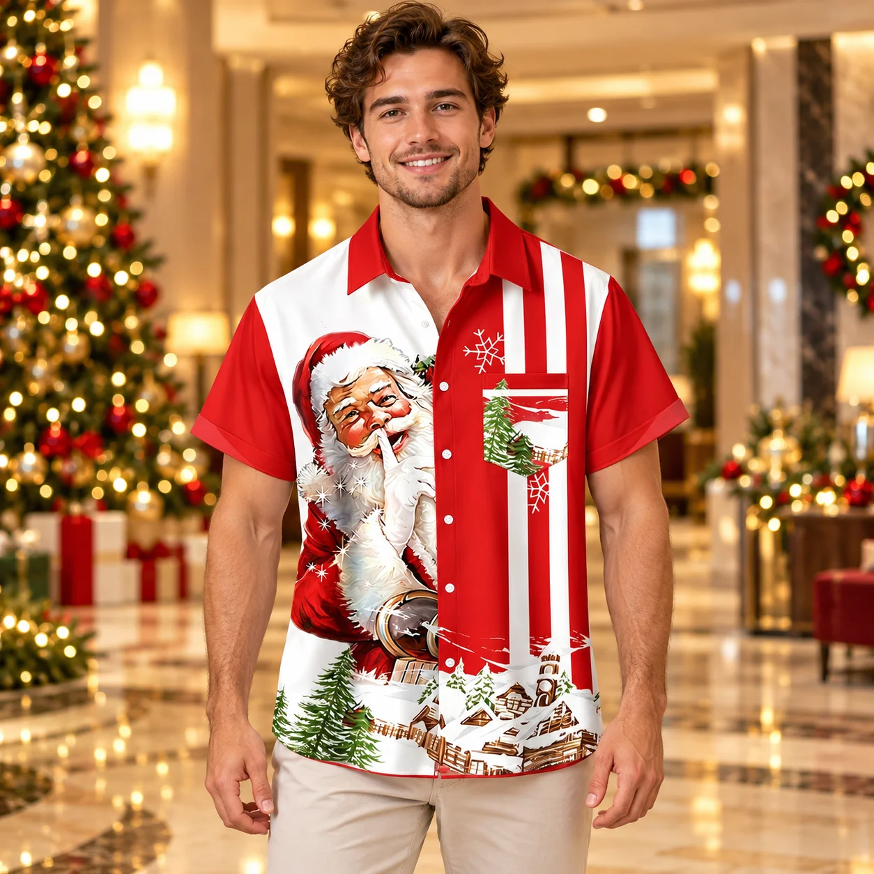 Xmas Santa Snow Village Hawaiian Shirt Red White Christmas Stripes Short Sleeve Shirts with Festive Button Up Holiday Designs