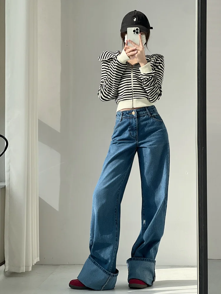 Jeans vintage a gamba larga pesante Du Pantaloni lunghi color orecchio abbastanza Pantaloni lunghi con orlo con risvolto Versatile colore profondo e chiaro Vita l