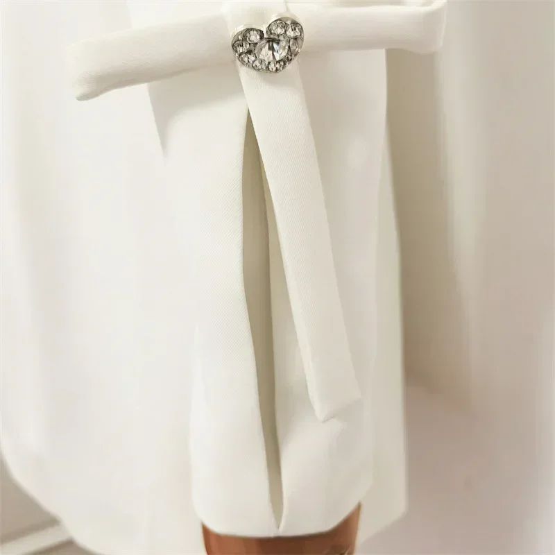 High Quality 2024 New Fashion Autumn Winter Women Full Sleeve Diamonds Button Big Bow Waist Hollow Out White Casual Blazer Dress