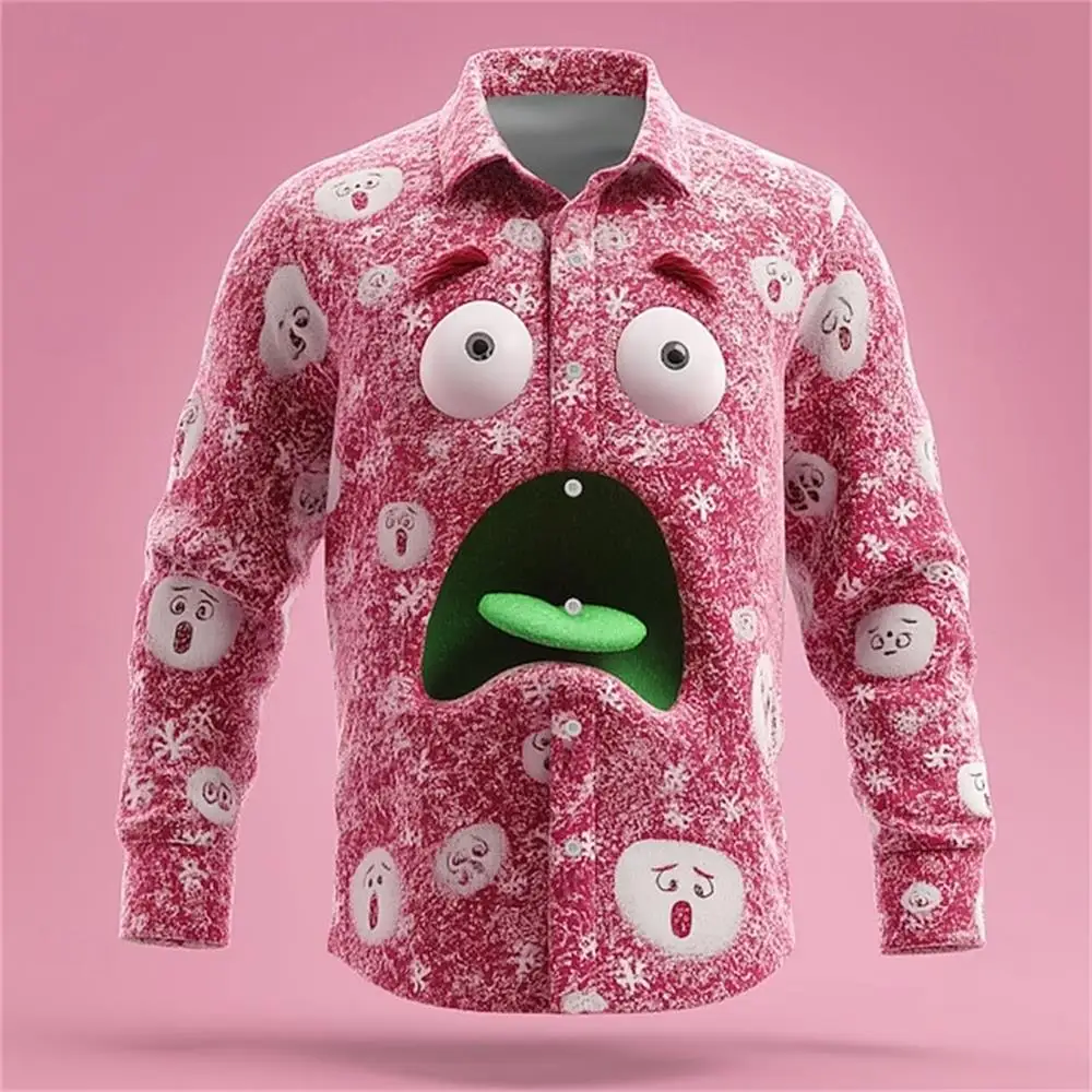 قميص رجالي عصري جديد بطابع عيد الميلاد قميص رجالي مطبوع ثلاثي الأبعاد بأزرار طية صدر السترة وأكمام طويلة لقضاء العطلات في الهواء الطلق قميص غير رسمي مقاس كبير