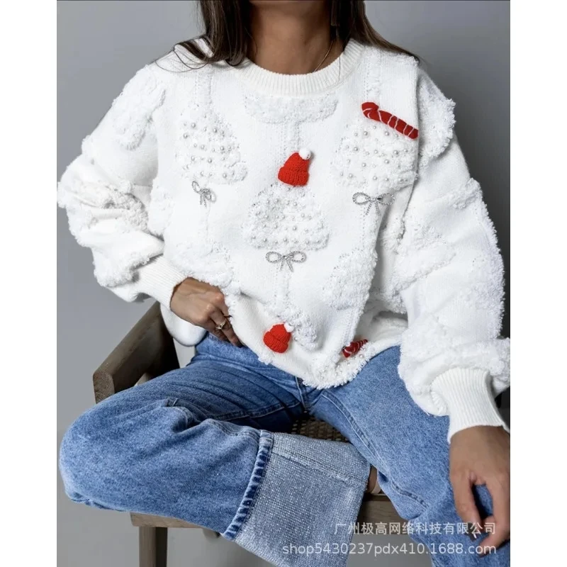 

Women Solid Color Loose Pullover Knitted Sweater Autumn Winter New Christmas Sweater Top Women Lantern Sleeve Round Neck Sweater
