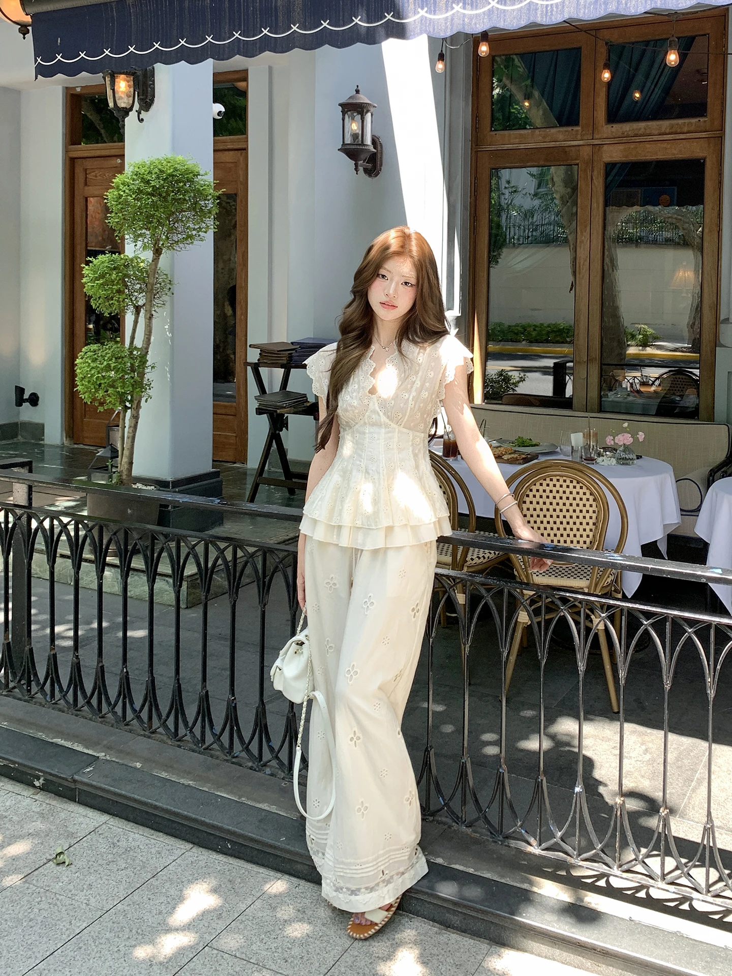 

Earth Store Embroidered Hollow Design Casual Pants Women Summer Thin Lazy Sle Loose Fit Wide Leg Pants Straight Cut l...