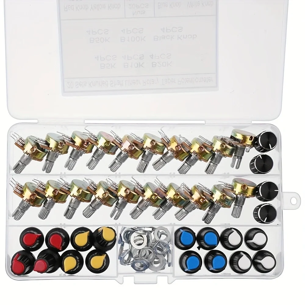 Single potentiometer B5K/10K/20K/50K/100K with 20 black, white, blue, red and yellow knob cap set boxed