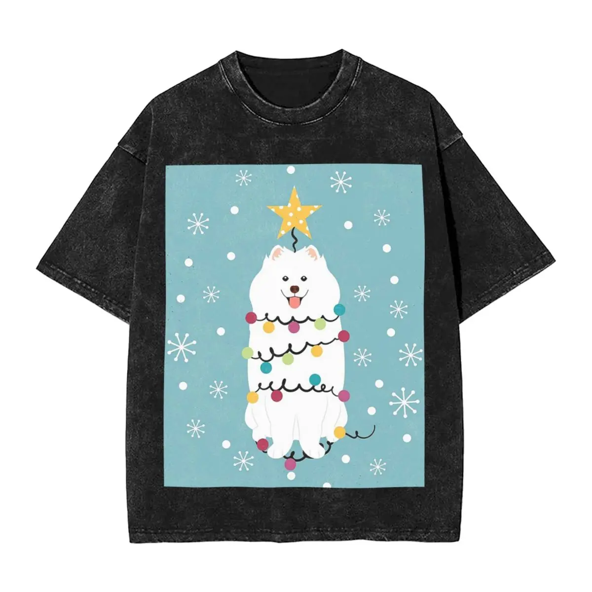 

Streetwear T-Shirts Samoyed Christmas Tree Washed T Shirt Short Sleeve Hip Hop T-Shirt Tops Tees for Men Women
