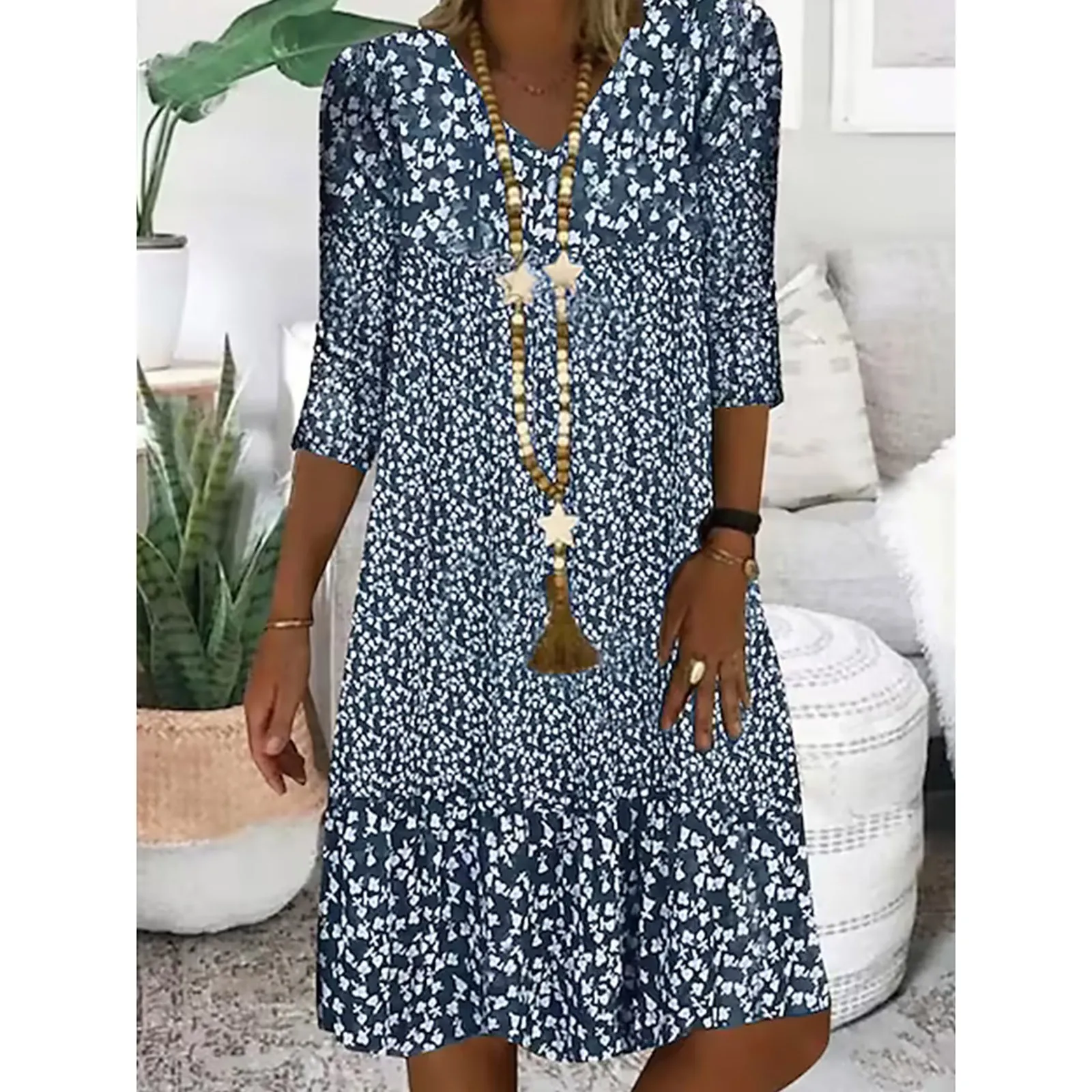 Vestido solto com estampa floral vintage feminino, decote em O, pétala manga curta, elegante vestido de festa casual, verão, 5XL