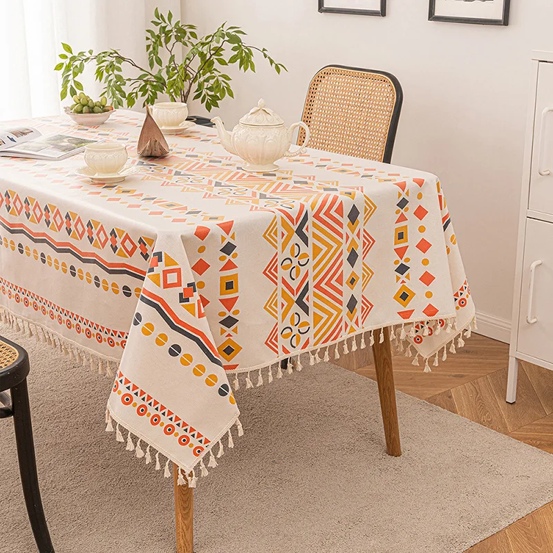 

Bohemian Cotton Linen Tablecloth Geometric Pattern Rectangular Waterproof Oil Proof Tea Cloth Fringe Decorative Table Cloth