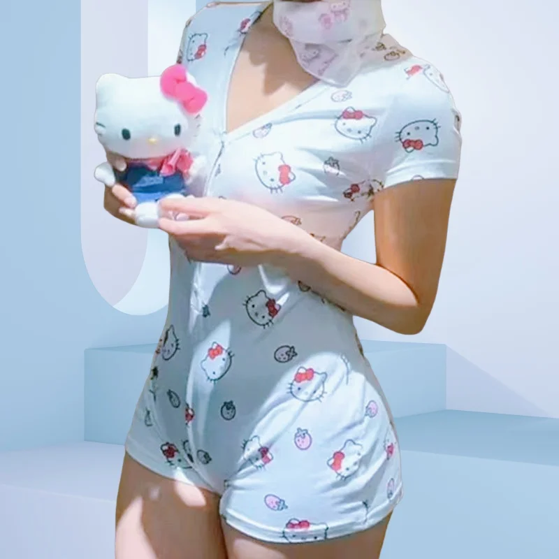 

New Large Size Pajamas HelloKitty Printed Pajamas Summer Cute New One-piece Home Clothes Cotton Short Sleeved Jumpsuit Shorts
