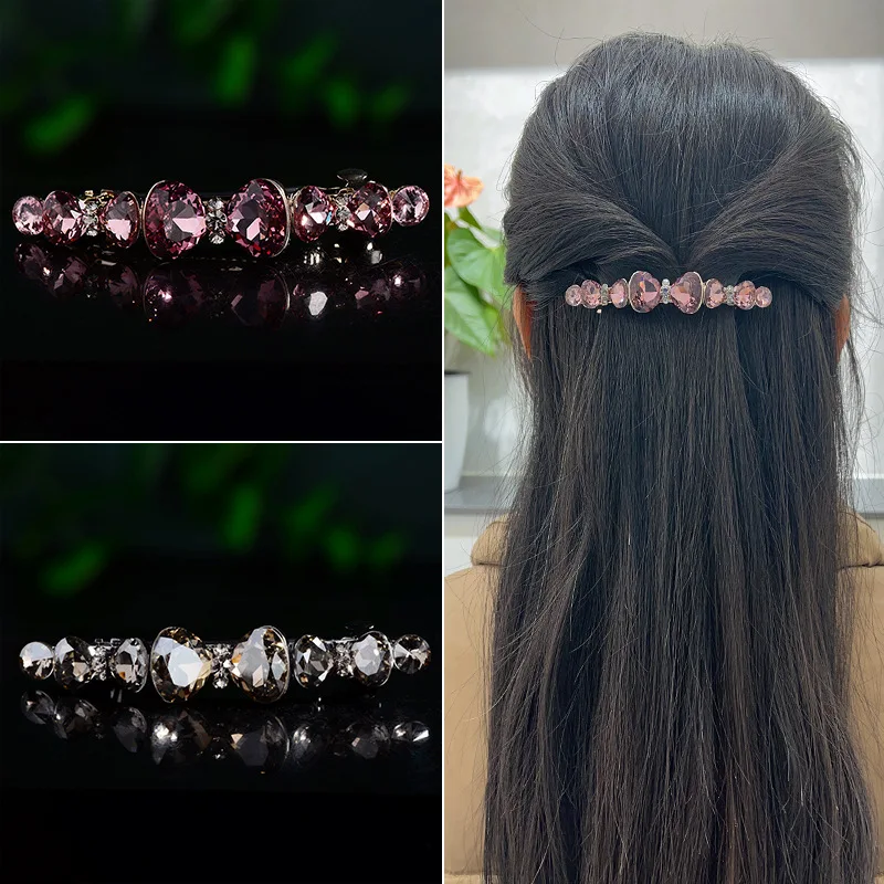 Bow Hair Clip Women's Imitation Crystal One-line Spring Clip New Hair  Top Clip Ponytail  Headwear Non-slip CrossClip