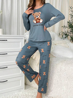 Women Sleepwear Set Autumn Pajama Set Cartoon Bear Print Cute Crew Round Neck Long Sleeve Top Allover Prints Pants Homewear Set