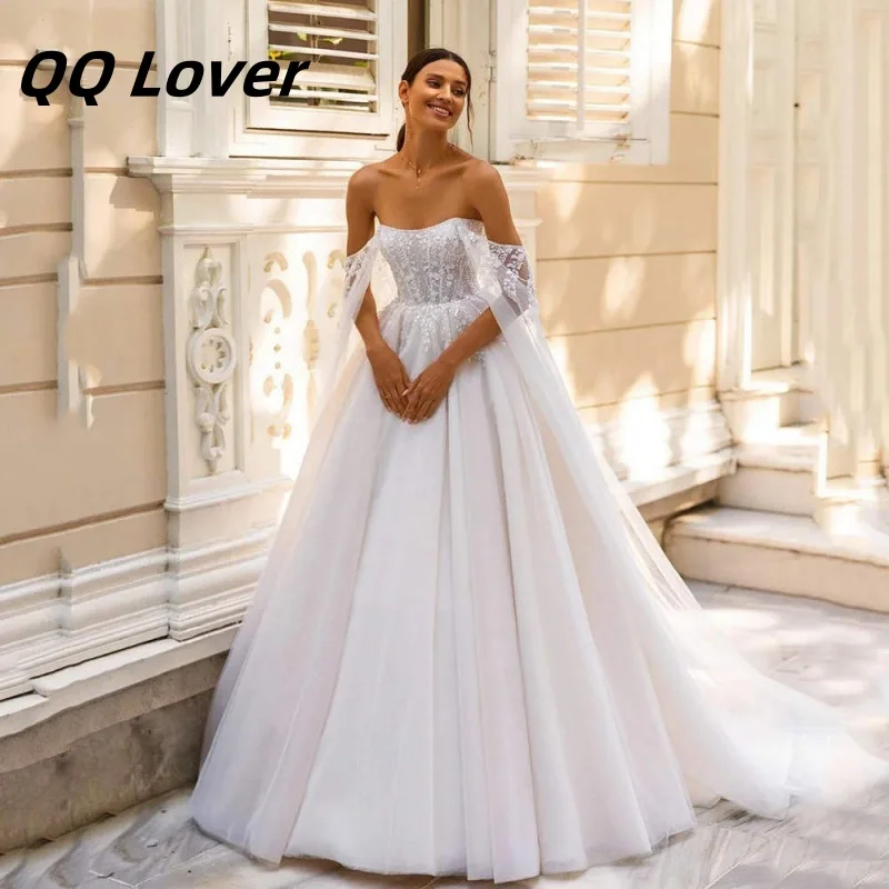 

Customized Strapless Long Tulle Sleeves A Line Wedding Dresses Bridal Gowns Princess Marriage Appliques vestidos de novia