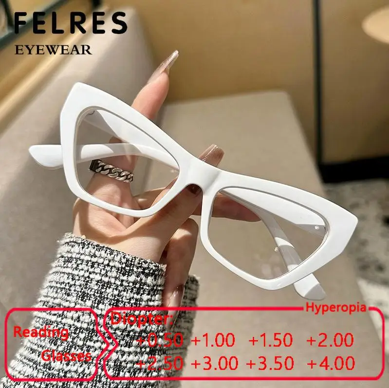 

Trendy White Anti Blue Light Cat Eye Reading Glasses Women Retro Finished Optical Glasses Single Focus Presbyopic Eyeglasses