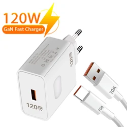 GaN USB Charger 120W 10A Fast Charging Quick Charge 3.0 Type C Cable Mobile Phone Charge Adapter For iPhone 15 14 Samsung Xiaomi