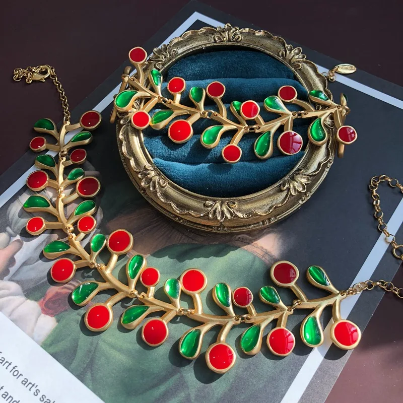 Original Retro Palace Vintage Medieva Women's Jewelry for Girl Red Green Drop Glaze Cute Cherry Shaped Bracelet Necklace