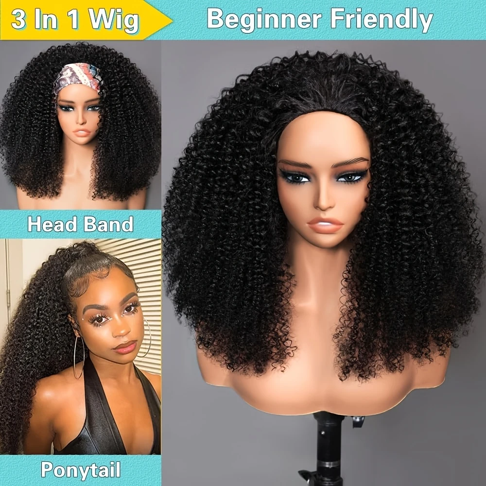 

Kinky Curly Human Hair Half Wig 3-in-1 Glueless Natural Black With Drawstring Half Wigs for Beginners Wear And Go Headband Wig