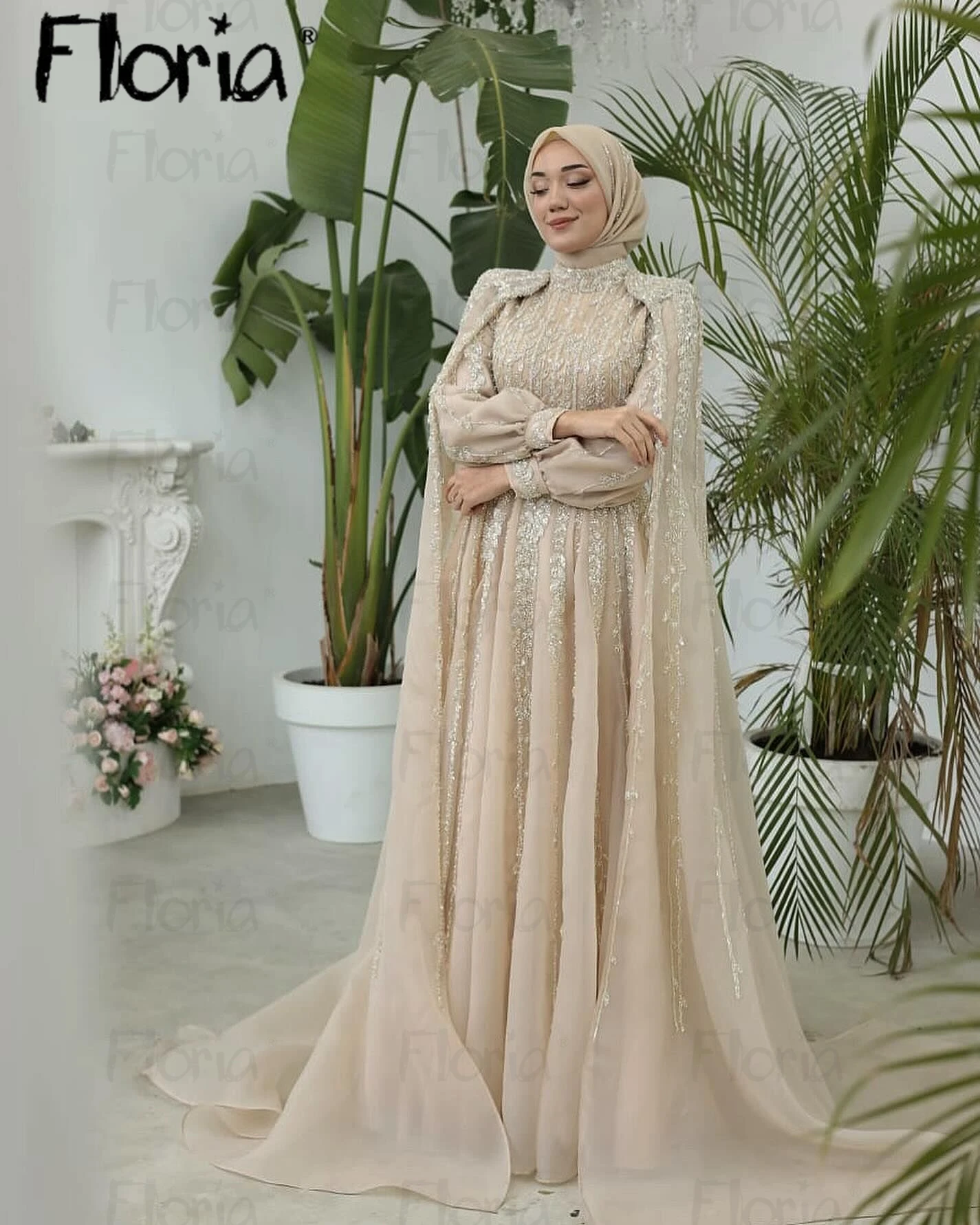 

Muslim A Line Champagne Evening Dresses Lantern Sleeve Heavy Beaded Prom Dresses Cape Sleeve Vestidos Novias Boda سيرين 2024