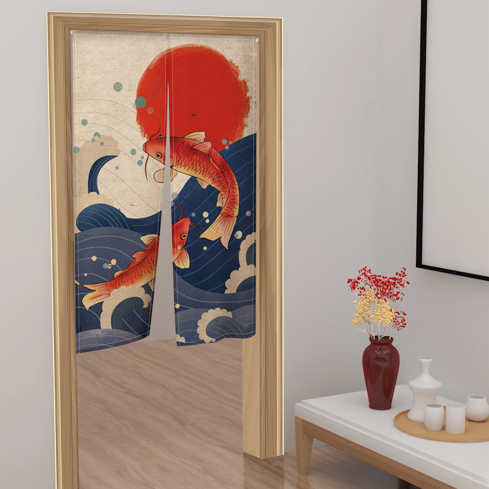 Koi Fish Japanese Style Door Curtain Kitchen Entrance Fengshui Drape Room Linen Fabric Home Entrance Hanging Decor Half Curtains