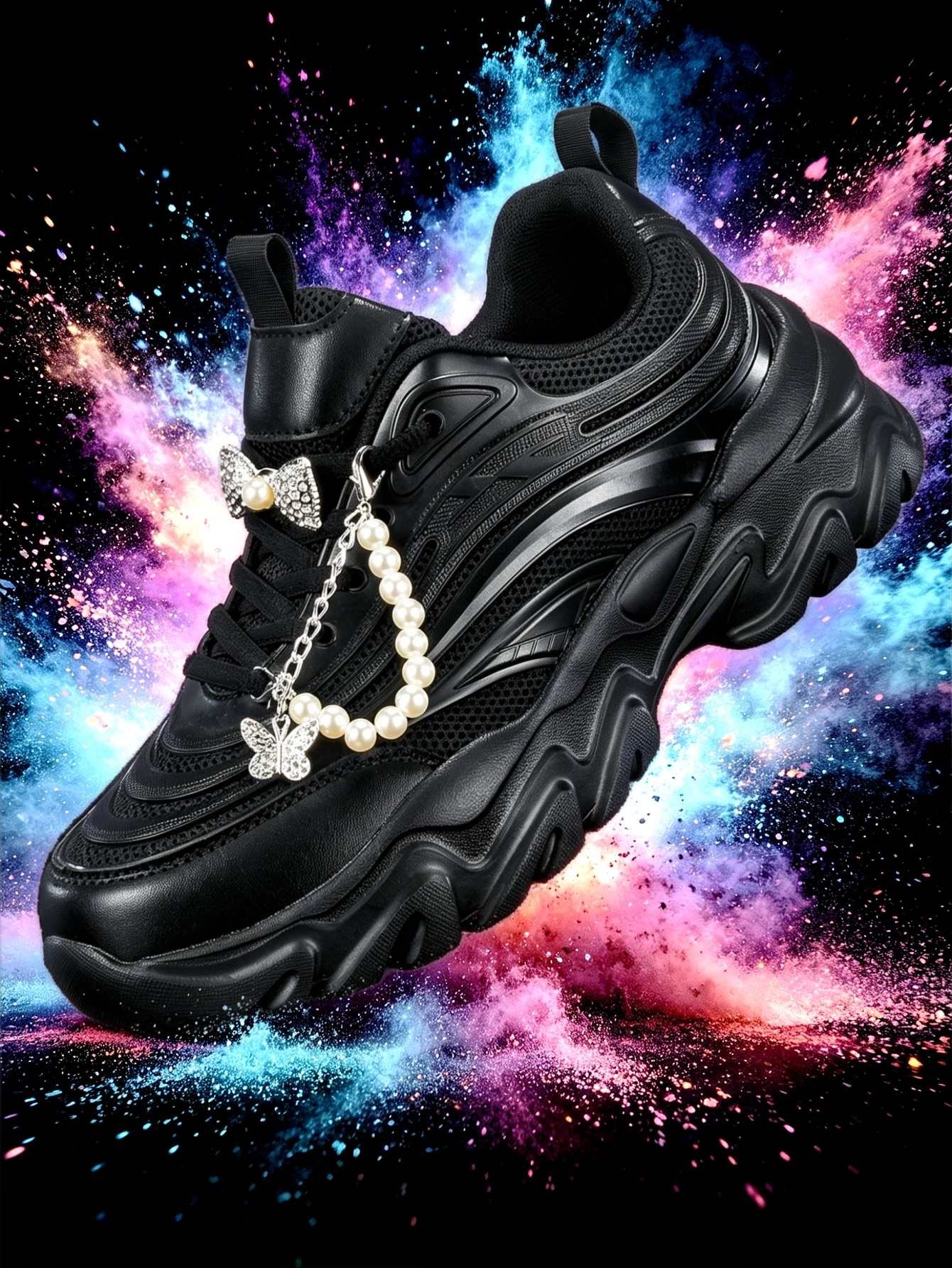 Women's Thick-Soled 5cm Height-Increasing Dad Shoes, Y2K Sweet-Cool Spicy Girl Style, Silver Bowknot, Pearl Chain Decoration, Black Casual Sneakers, All-Season Mesh Breathable Patchwork Upper, Soft Sole, Lightweight, Unique Design, Student-Friendly, Campus Daily Commute, Versatile for Multiple Occasions, Trendy Women's Shoes
