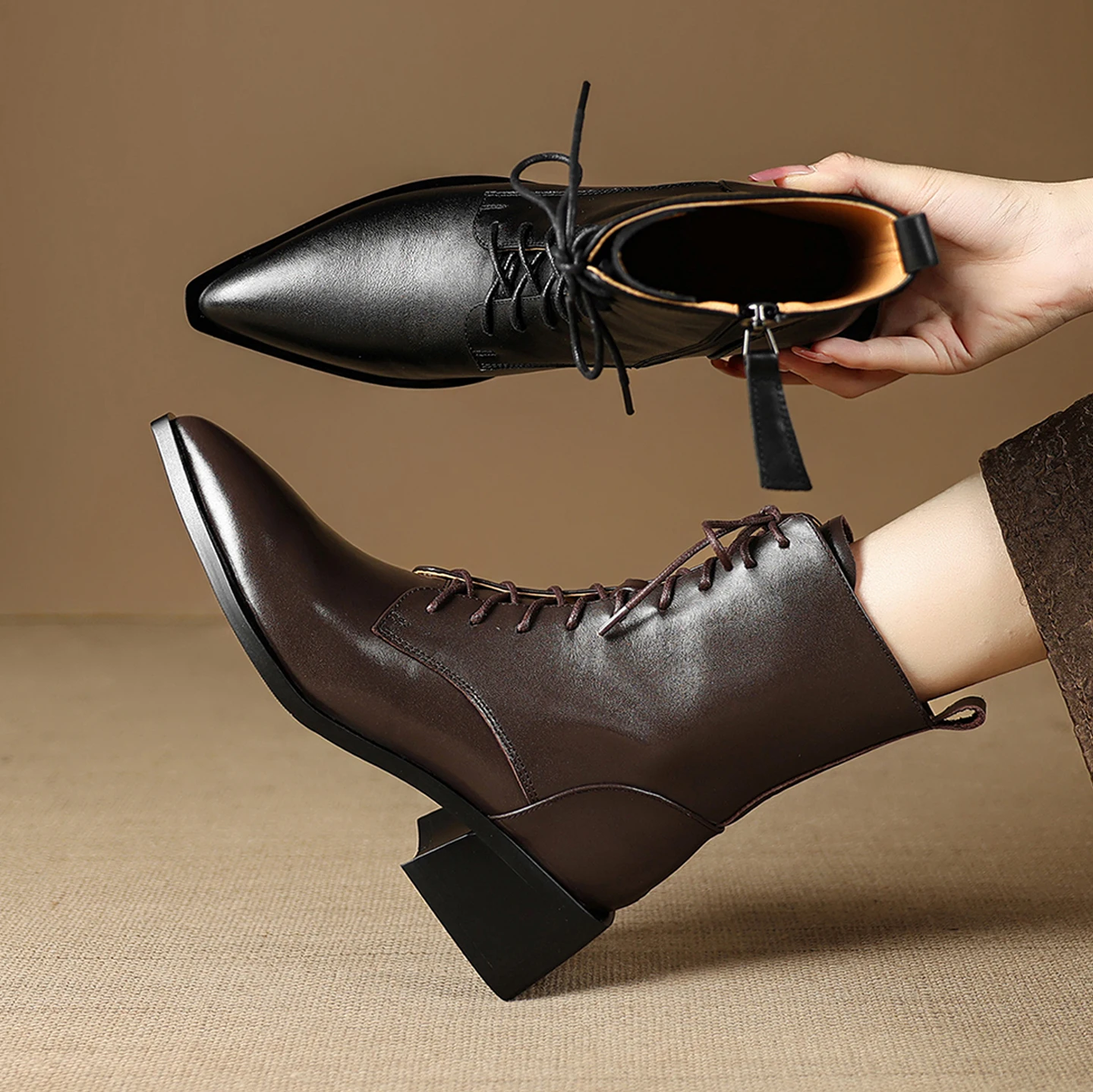 2026 new autumn winter women ankle boots natural leather plus size 22-25cm cowhide pointed toe thick heel side zip short boots