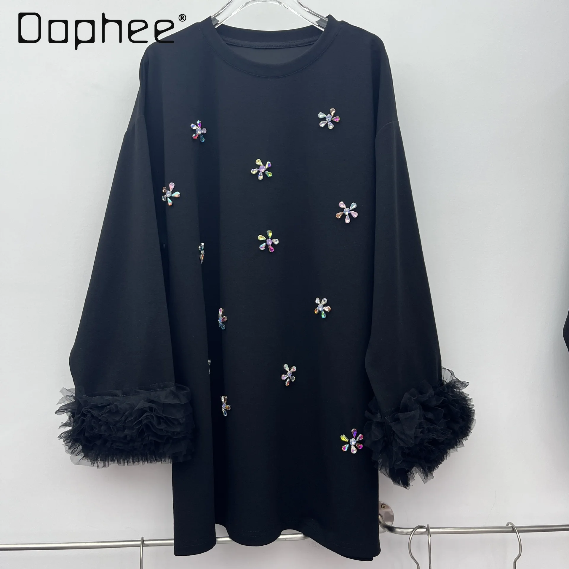 Korean Trendy Fashion Plush Patchwork Long Sleeve Oversized Sweatshirt Heavy Beaded Flower Round Neck Casual Sweatshirt Women