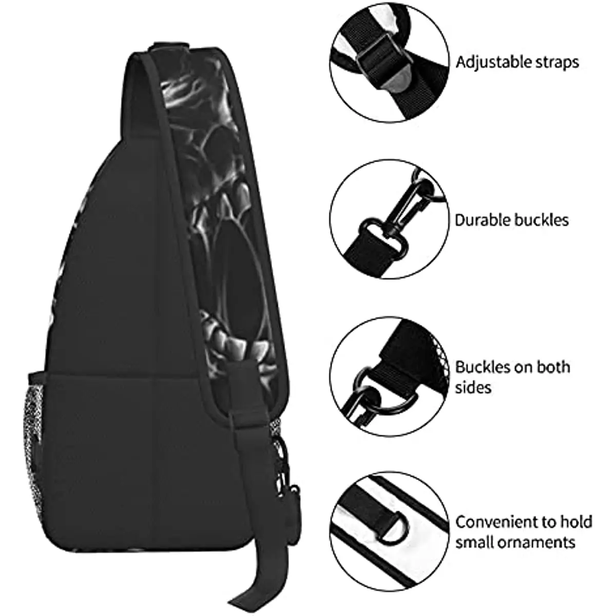 Fashion Sling Backpack for Boys Mens Skull Black Crossbody Shoulder Bag Anti-Theft Gym Bag with Adjustable Strap for Hiking