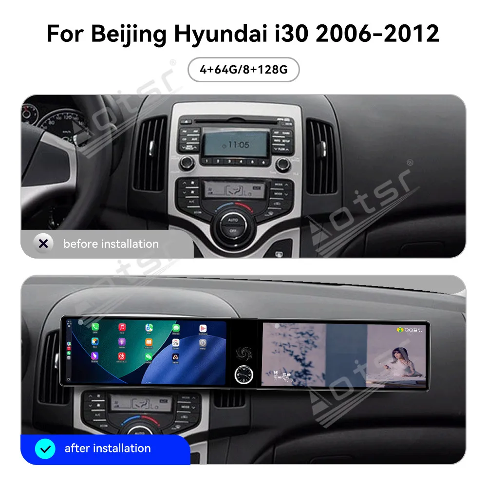For Hyundai i30 2006-2012 12.3 Inch Dual-Screen In-Dash Multimedia Car Radio GPS Navigation Carplay Android Auto Plug & Play