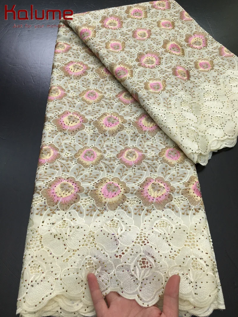 Kalume Luxury Swiss Voile Lace Fabric 5Yards 2025 High Quality Nigerian Party Rhinestone Embroidery African Lace Fabric F4239