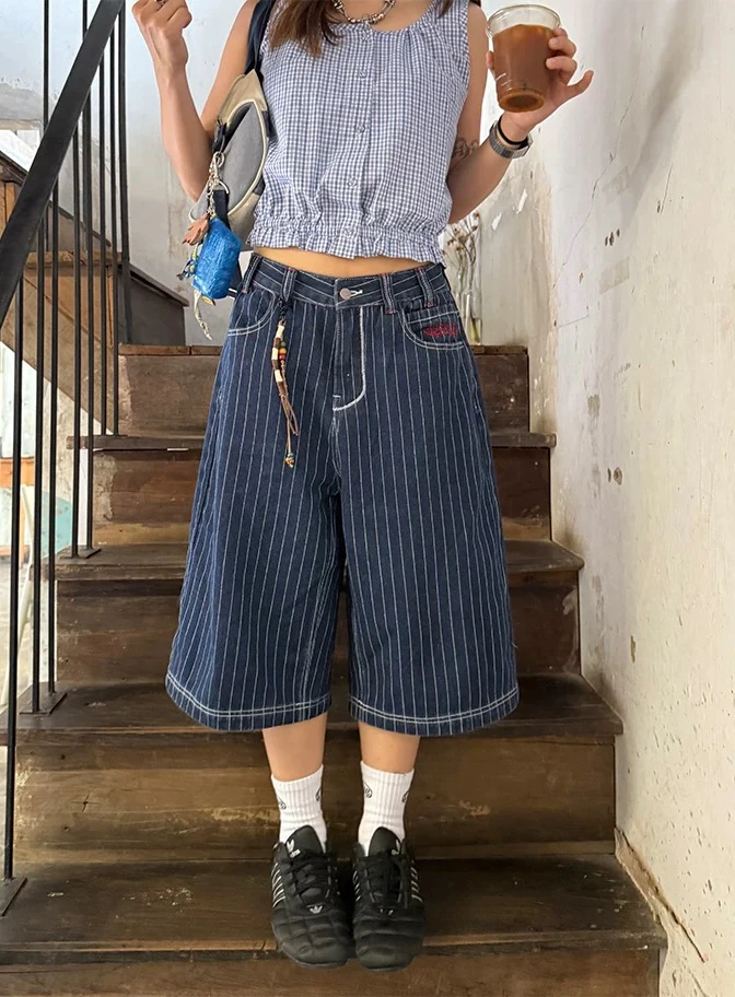 Y2k Women's Light Blue Calf Length Cargo Jeans Baggy Denim Trousers Japanese 2000s Oversize Jean Pants Vintage Clothes