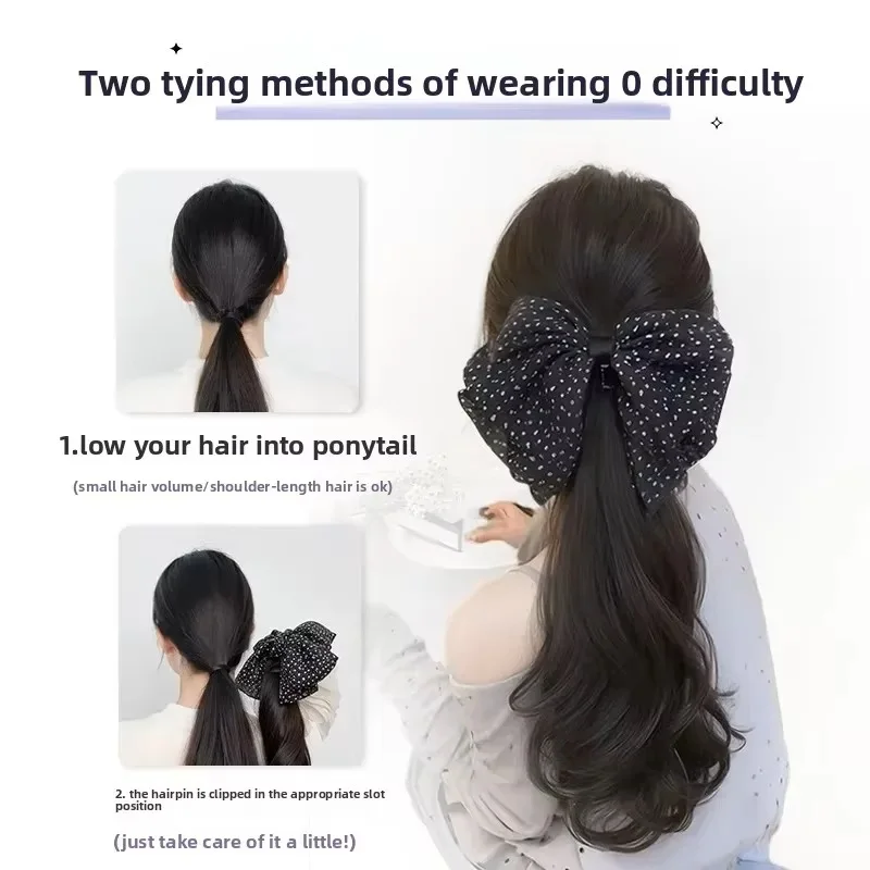 Body Wave Synthetic Claw Clip Ponytail Wig With Grab Clip Sweet Temperament Polka Dot Bow Ponytail Hairpiece For Daily Party Use